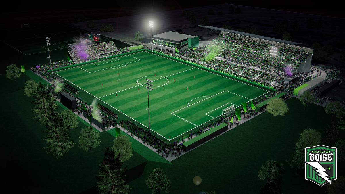 A rendering of an aerial view of the renovated grandstand and new stadium set to host Athletic Club Boise soccer at Expo Idaho. 