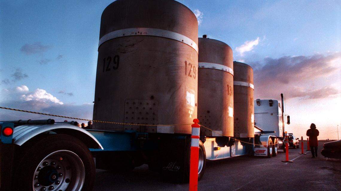 The first shipment of radioactive waste prepares to leave the Idaho National Laboratory, on its way to New Mexico, after Idaho’s settlement with the federal government, in this April 28, 1999 photo.