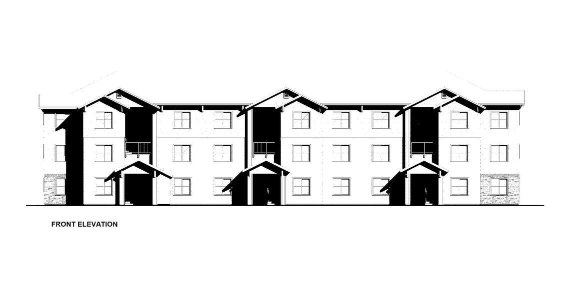 An elevation of the multifamily units proposed at Promenade Cottages.