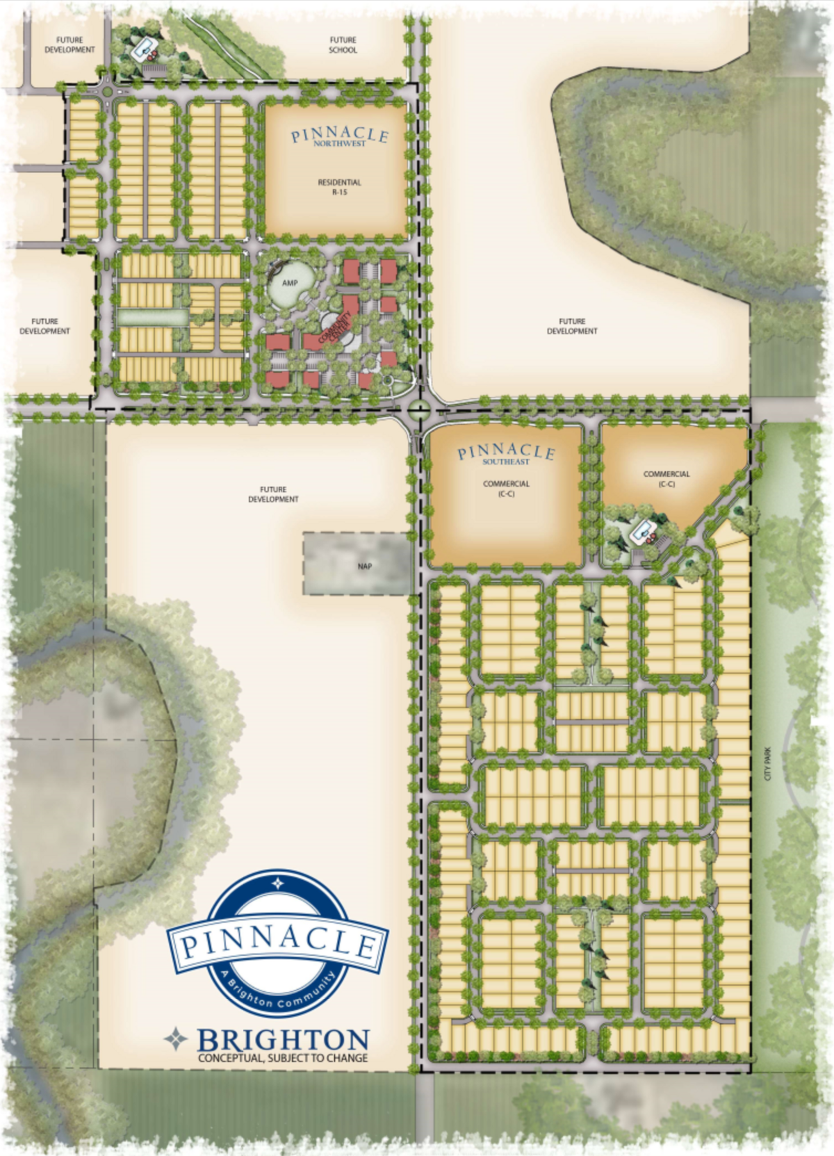 The Pinnacle subdivision would include over 2,000 homes at full buildout in 15 years, said Brighton Corp. owner David Turnbull. Homes at the northwest corner of Locust Grove and Lake Hazel roads, the intersection shown on this map, will be built first, followed by homes in the southeast corner. Commercial property fronting Lake Hazel will go in last. Brighton also owns the land on the southwest and northwest corners of the intersection, which the company plans to develop later.
