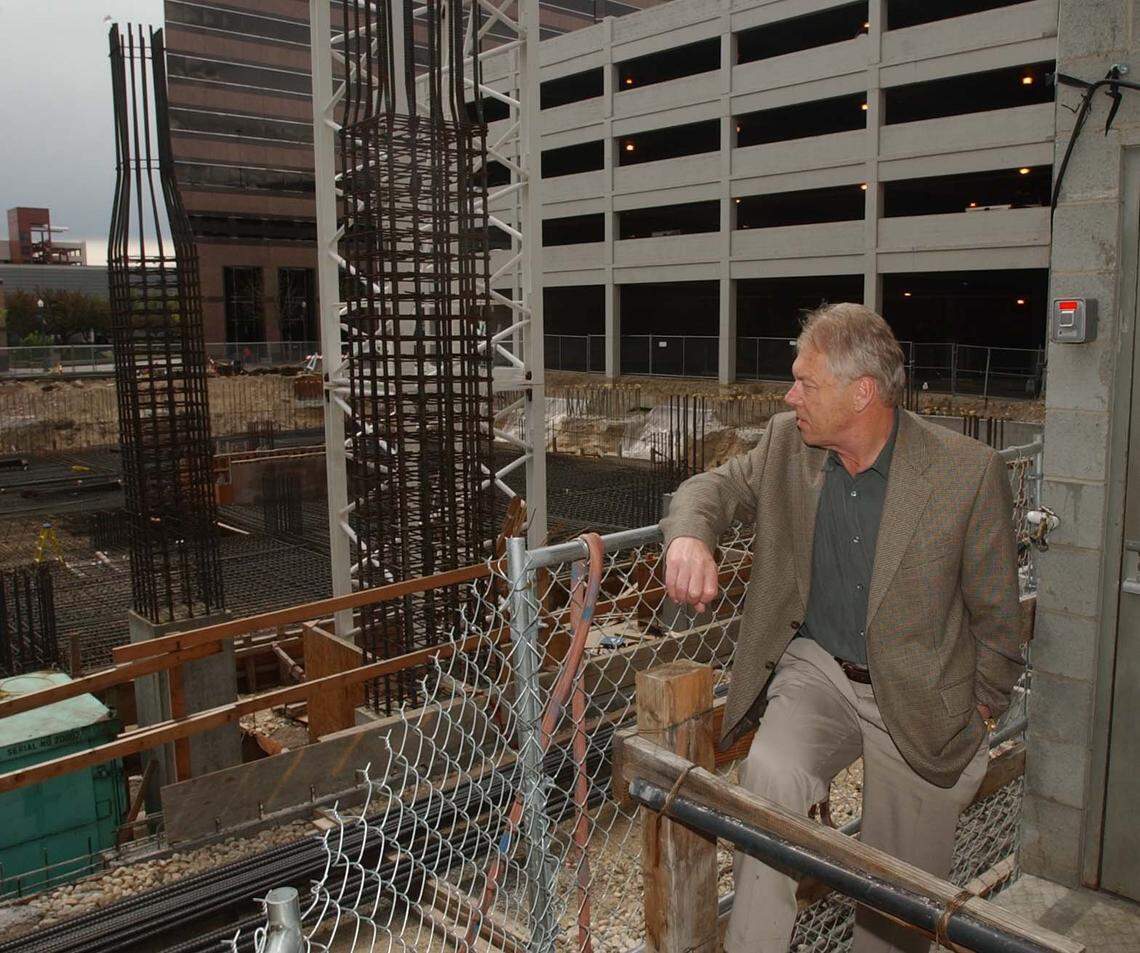 Developer Rick Peterson in 2003 looks over the idle site he bought in 1997 for a planned 25-story condominium building called the Boise Tower. It was never built. The site remained like this for years and became known as “The Hole.” Finally, the Eighth and Main building was built there. It opened in 2014.