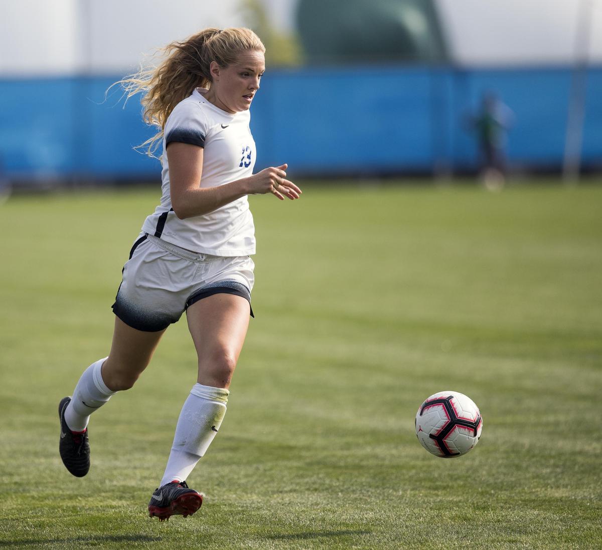 Boise State defender Allegra Weeks chases down the ball during the Broncos’ exhibition match against Northwest Nazarene on Friday at the Boas Soccer Complex in Boise.