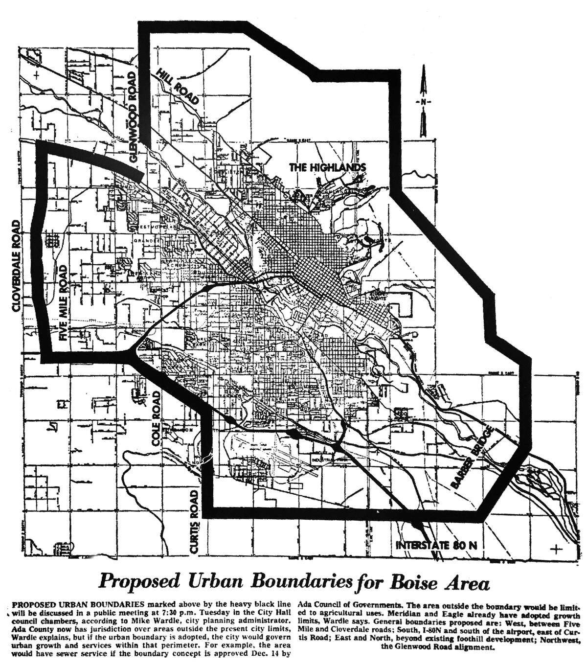 A 1972 proposal from the Ada Council of Governments would have limited Boise’s urban growth to the boundaries above. The area outside the boundary would be limited to agricultural uses.