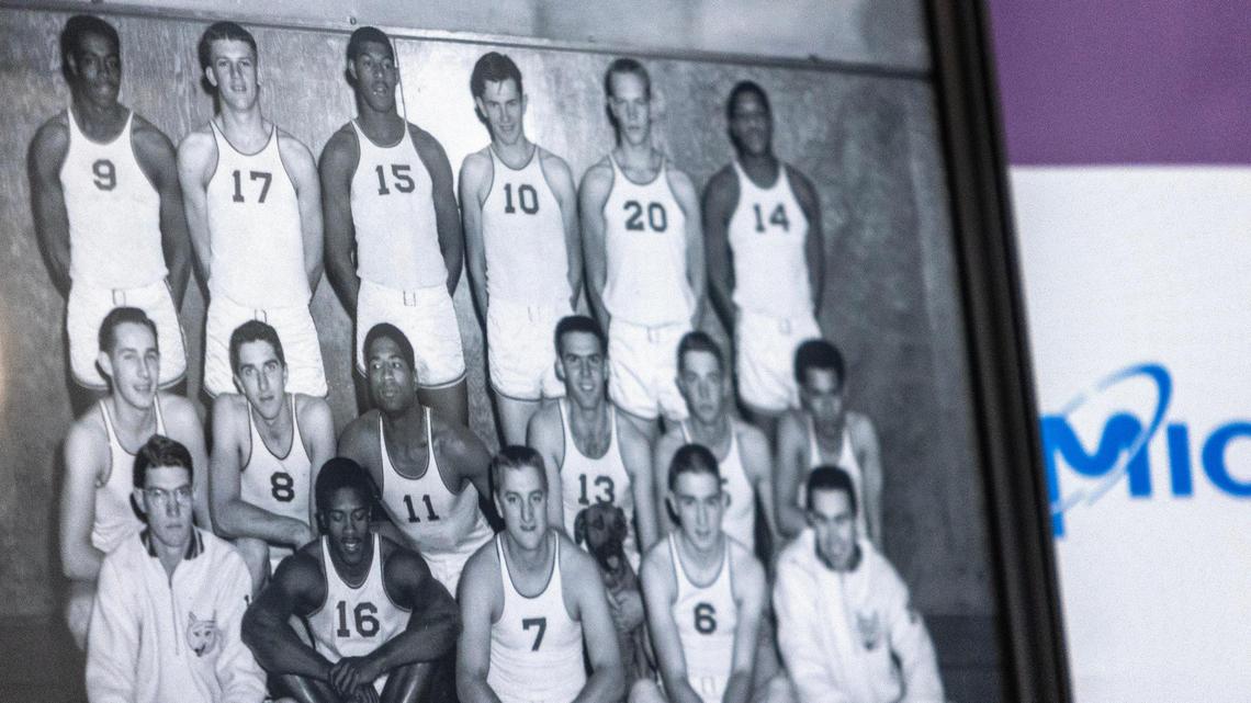 In this 1954 photograph of the College of Idaho basketball team, Elgin Baylor is pictured in the top row, third from left wearing jersey  No. 15. 