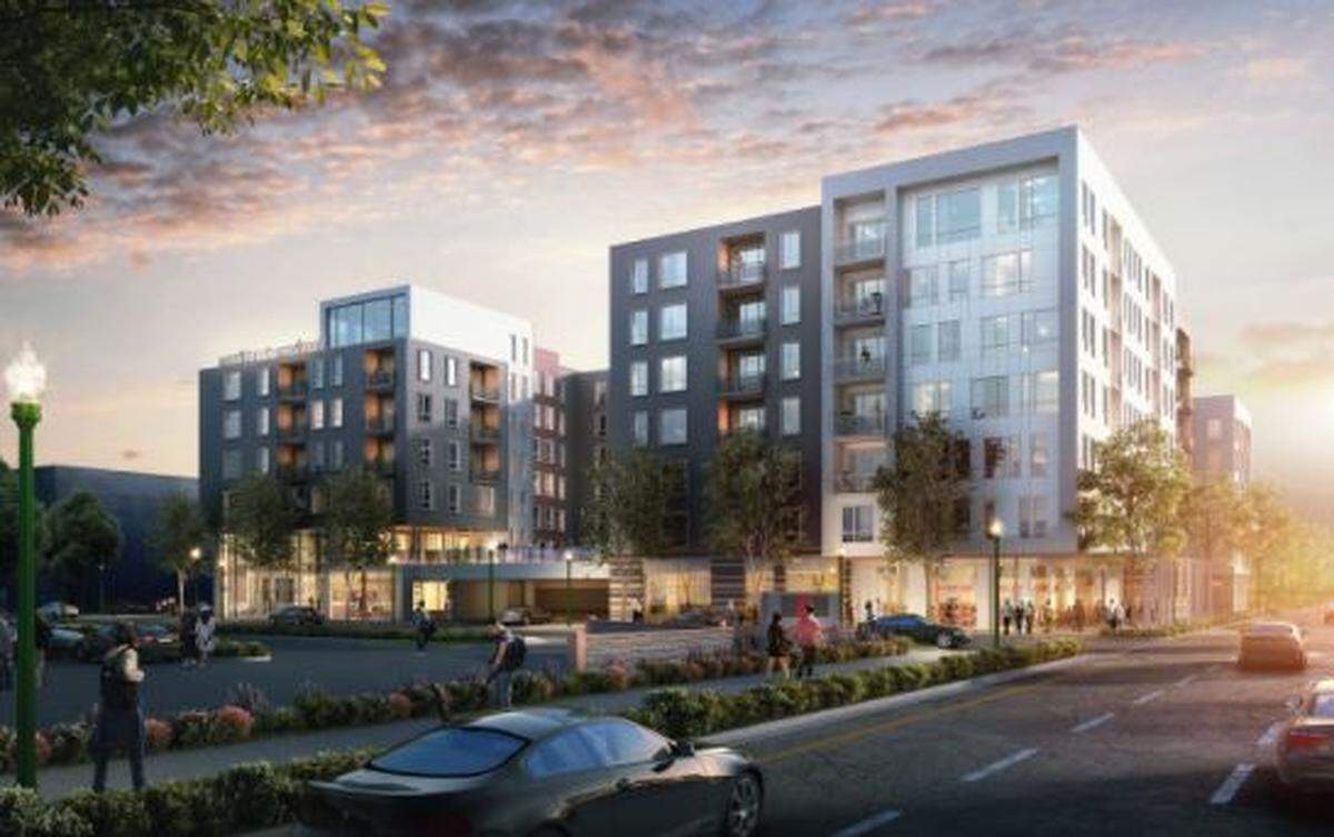 An artist’s rendering of the apartment buildings going up at 270 E. Myrtle St. The project, which began construction in January, will consist of a 2-story building and two 5-story buildings​.