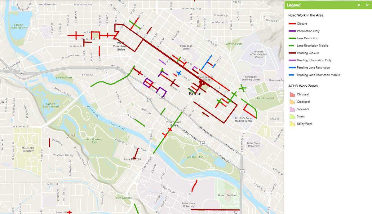 The Ada County Highway District’s Roadwork In The Area map shows street closures, restrictions and other roadwork in Ada County. This image shows roadwork in downtown Boise in November.