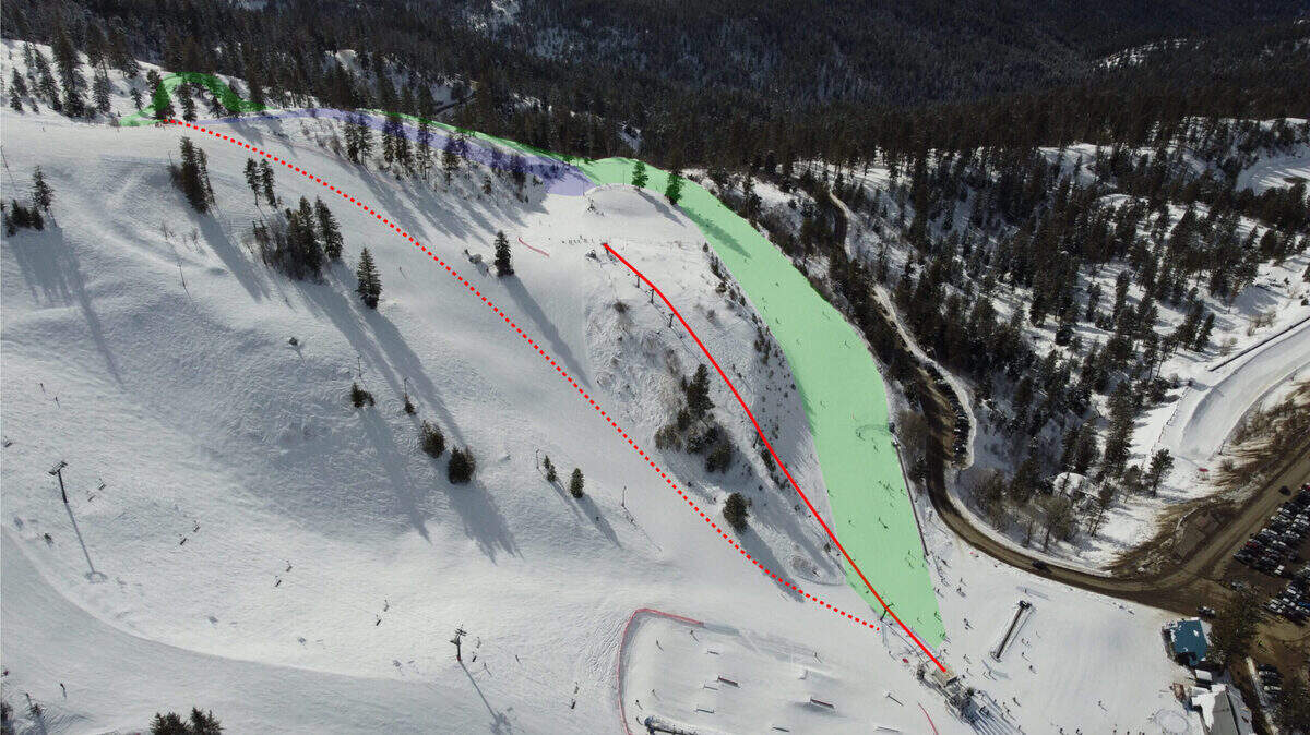 This image shows the current Coach chairlift route as a solid line, and the planned reroute as a dotted line. The Coach’s Corner run, highlighted in green, will triple in length with the new lift route.