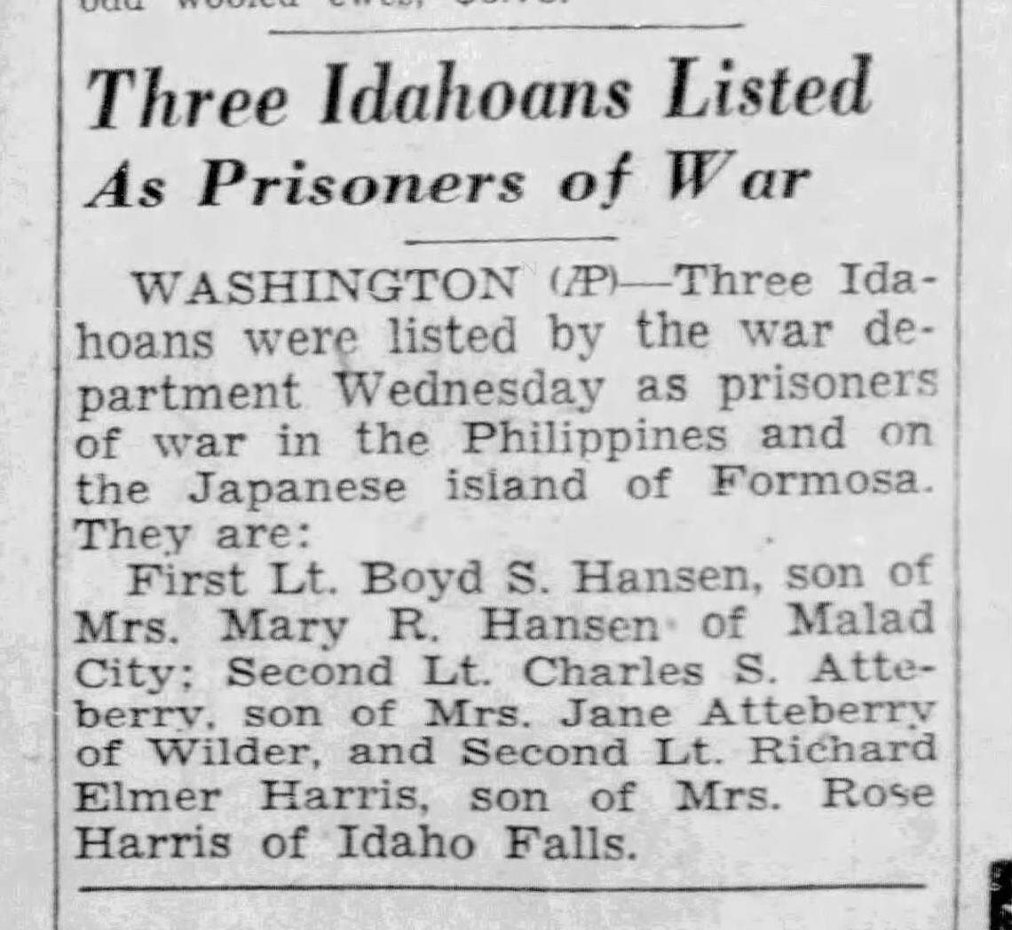 This newspaper report lists Charles Atteberry as one of three Idahoans who became prisoners of war during World War II.