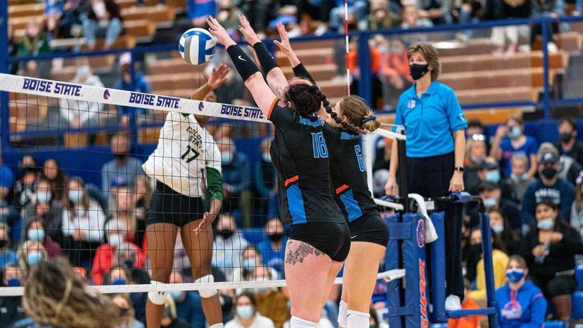 Boise State middle blocker Jessica Donahue, left, and setter Danielle Boss go up for a block against Colorado State. The Broncos earned the No. 6 seed in this week’s Mountain West Tournament in Las Vegas.