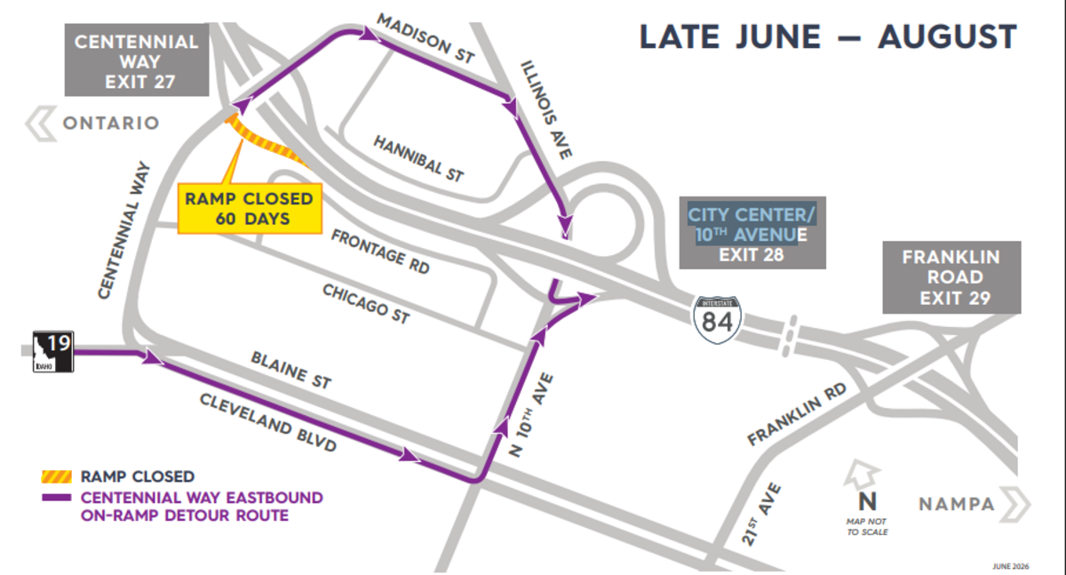 From late June through August, drivers in Caldwell will have detour from Centennial Way to the 10th Avenue interchange in order to access I-84. The purple arrows show the detour route.