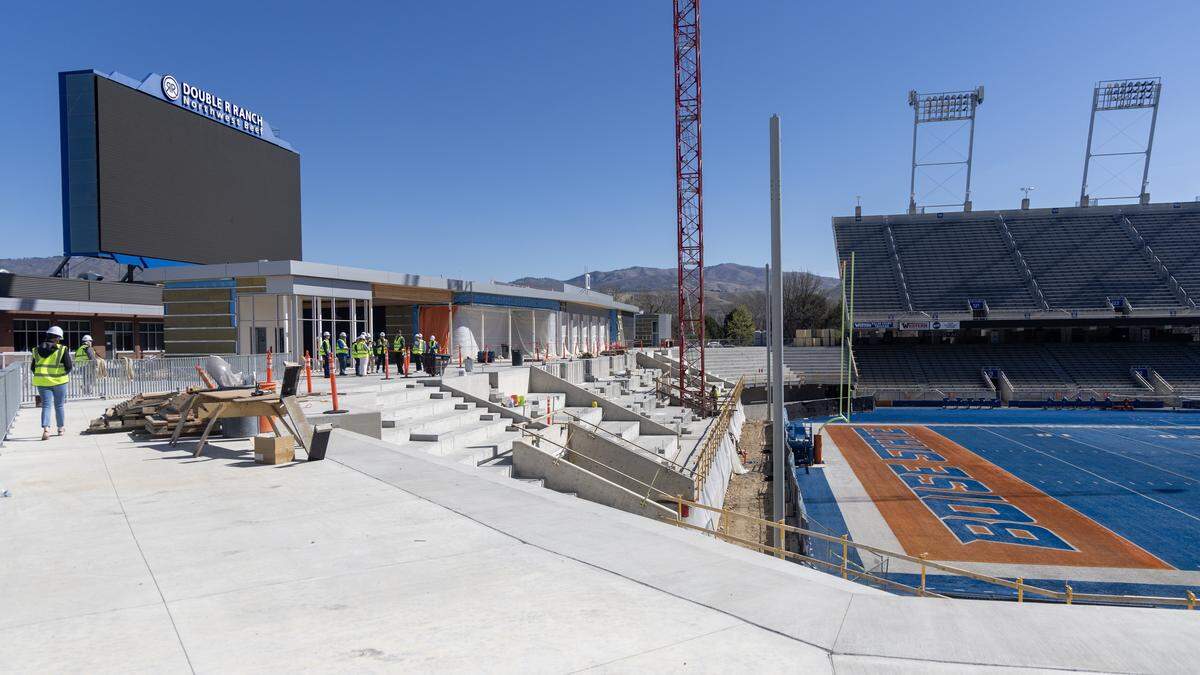 Construction continues on premium seating options at Boise State University's North End Zone project at Albertsons Stadium.