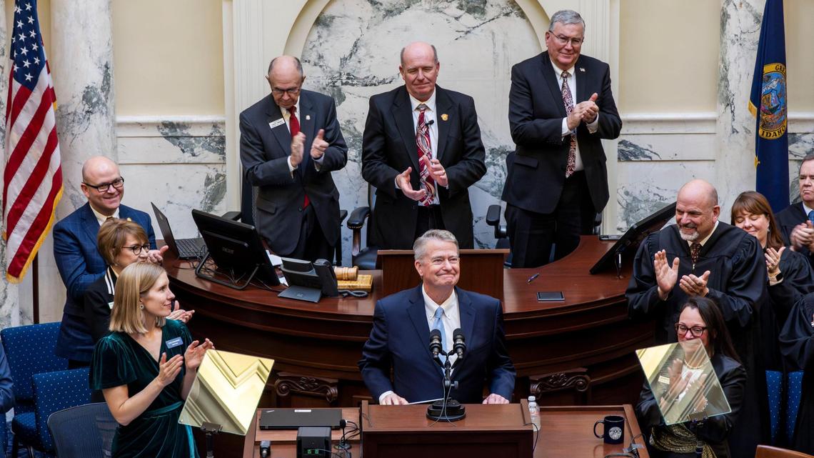 Gov. Brad Little receives applause after his State of the State address in the House chambers, making the first day of Idaho’s legislative session, Monday, Jan. 8, 2024, in Boise.