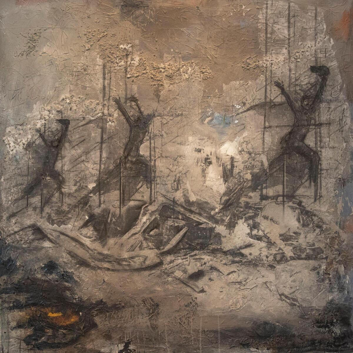 Luma Jasim’s 2021 mixed media on canvas piece titled “Catastrophe” is on display at Boise State’s Student Union Building Fine Arts Gallery. Jasim is a Boise resident who was born in Iraq and lived there for 30 years.