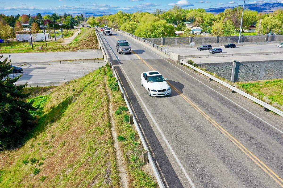 The Five Mile Road overpass sits above Interstate 84. More than 139,000 vehicles drive under it daily. This photo shows the view looking north on Five Mile Road.