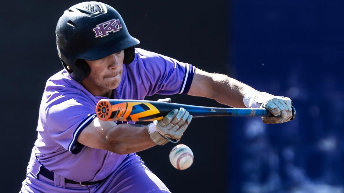 Rocky Mountain junior Rixon Rodriguez connects on a bunt single to advance baserunners during a big sixth-inning rally in the 5A semifinals Friday night.