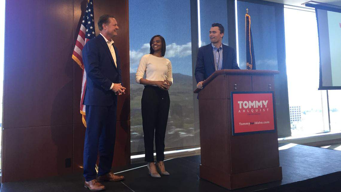 Tommy Ahlquist, Republican candidate for governor, left, with Trump surrogates Candace Owens and Charlie Kirk during an April 30 announcement of their endorsements.