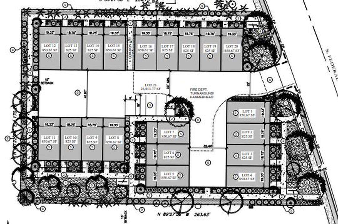 CK Property Group of Boise is seeking a zone change for a 20-unit townhouse development on South Federal Way. A shared driveway would give residents access to two-car garages for the three-story residences.