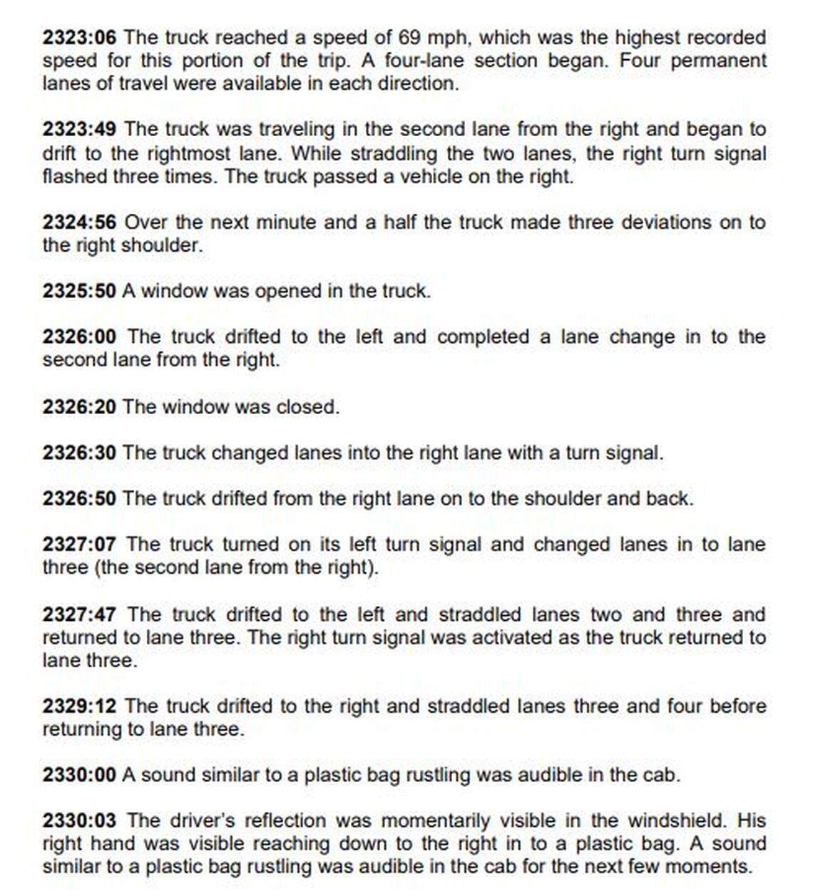 A log created by the National Transportation Safety Board shows the movements of the truck driven by Illya Tsar in the minutes before the truck struck a 2008 Jeep Wrangler. It shows the truck weaving several times from lane to lane.