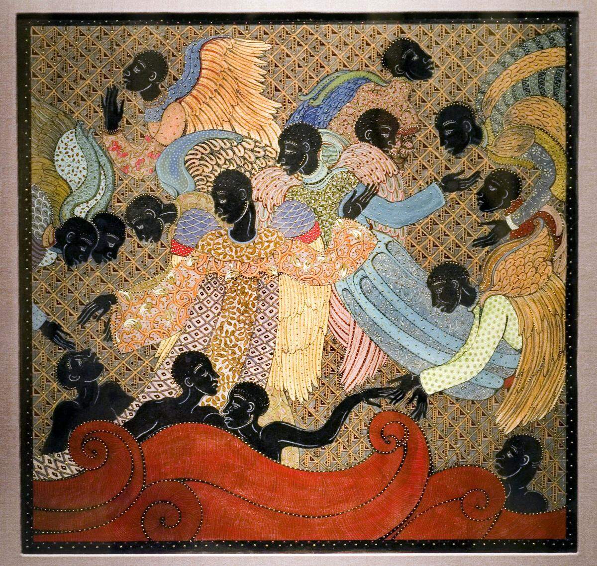 Rising From the Sea of Blood,” ink, acrylic, gold leaf on museum board, a painting in the series “Unlucky 13” done in 1995. It deals with the overwhelming state of suffering and the staggering number of those dying of AIDS in Africa.