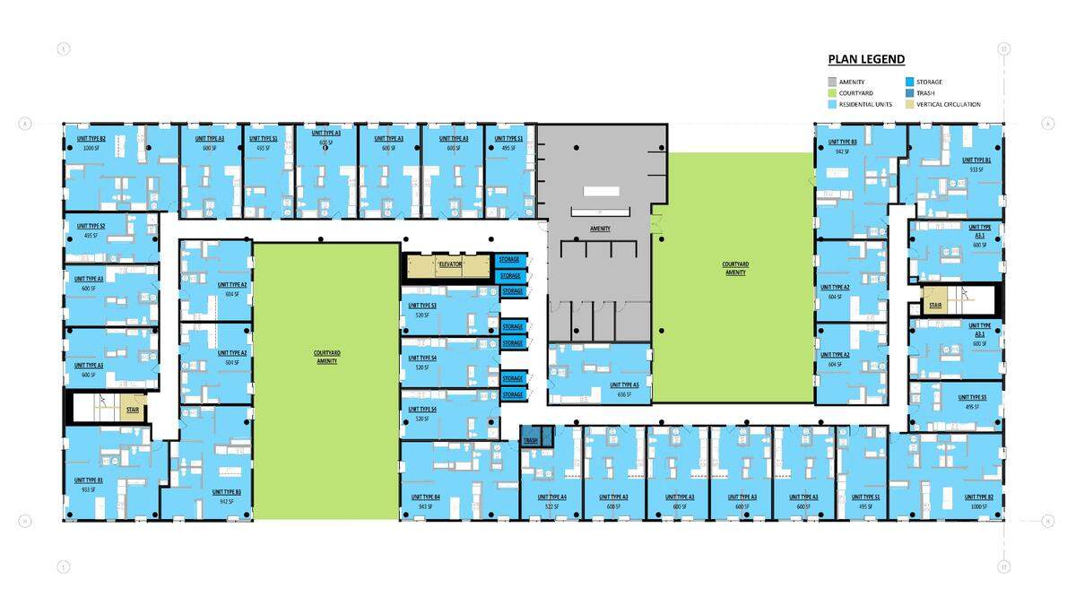 The building would include public green space on the second floor, shown in this plan in the center of each half.