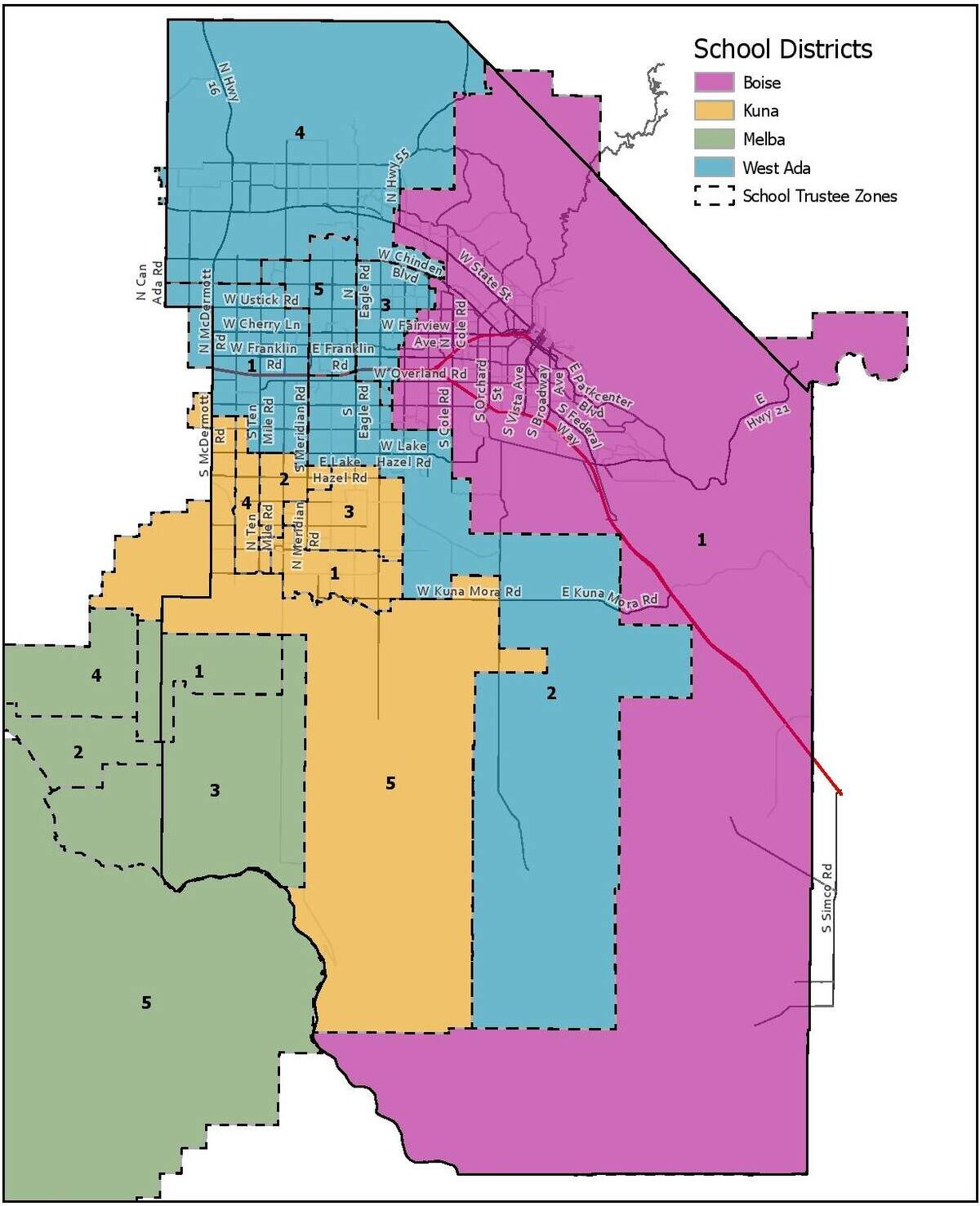The boundaries of the four school districts serving Ada County: West Ada, Boise, Kuna and Melba. Boise elects trustees at large, but the other districts elect them by zones or subdistricts. The Kuna School District extends into a corner of neighboring Canyon County to the west. The Melba School District extends from Canyon County into a corner of Ada County to the east.