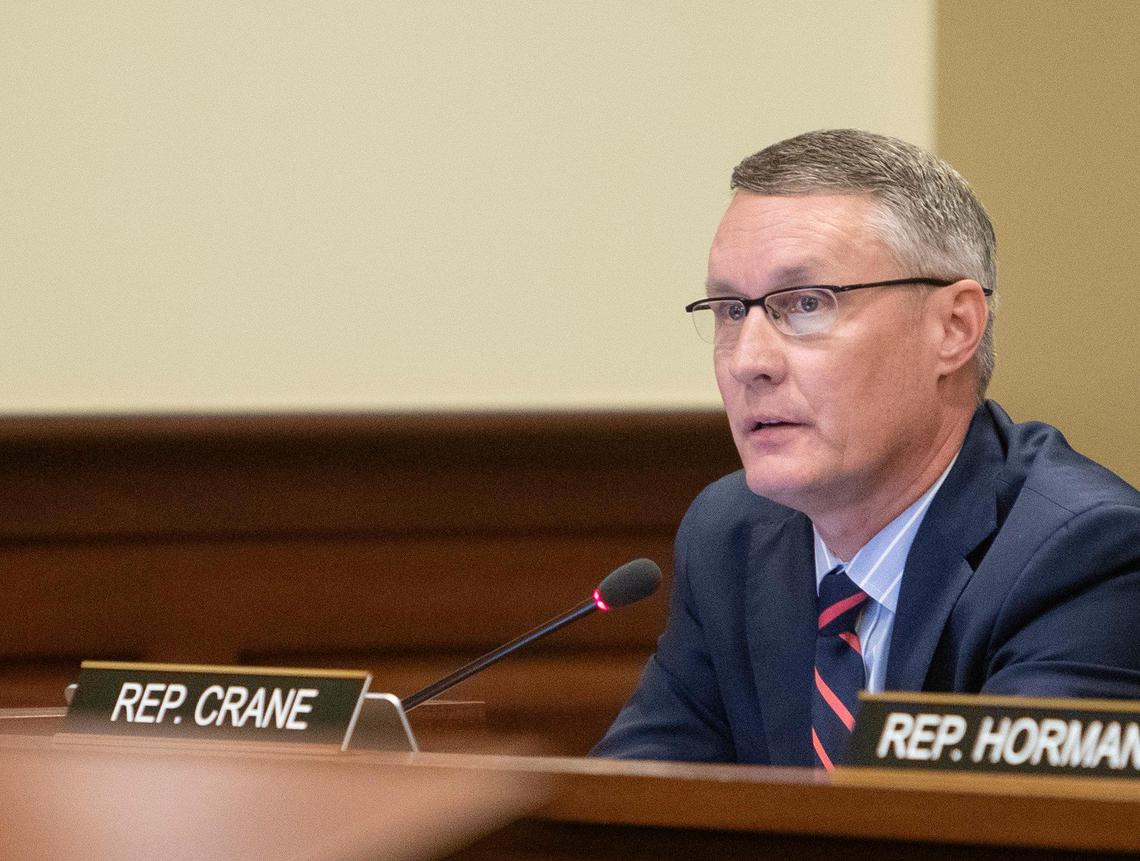 Rep. Brent Crane, member of the House ethics committee, speaks during a hearing investigating ethics complaints against Rep. Priscilla Giddings on Aug. 3, 2021.