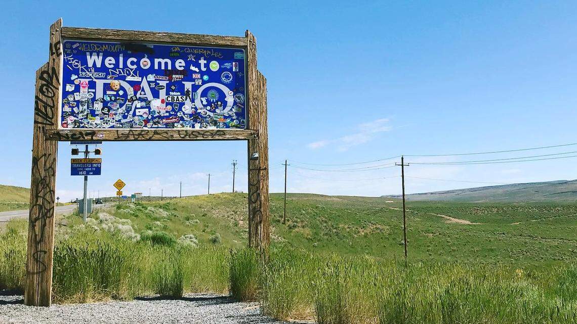 This “Welcome to Idaho” sign along U.S. 93 on the Idaho-Nevada state line got obscured by stickers left by travelers.