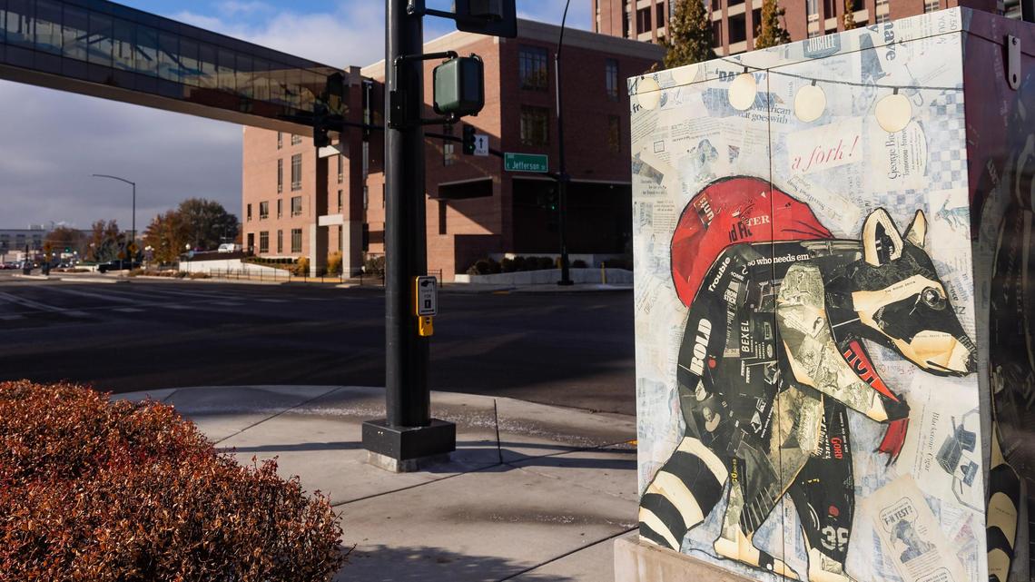 Elizabeth Hilton’s artwork named “Bandits Out Strolling” at the corner of Jefferson Street and Avenue B in Boise is part of Boise’s Traffic Box project.