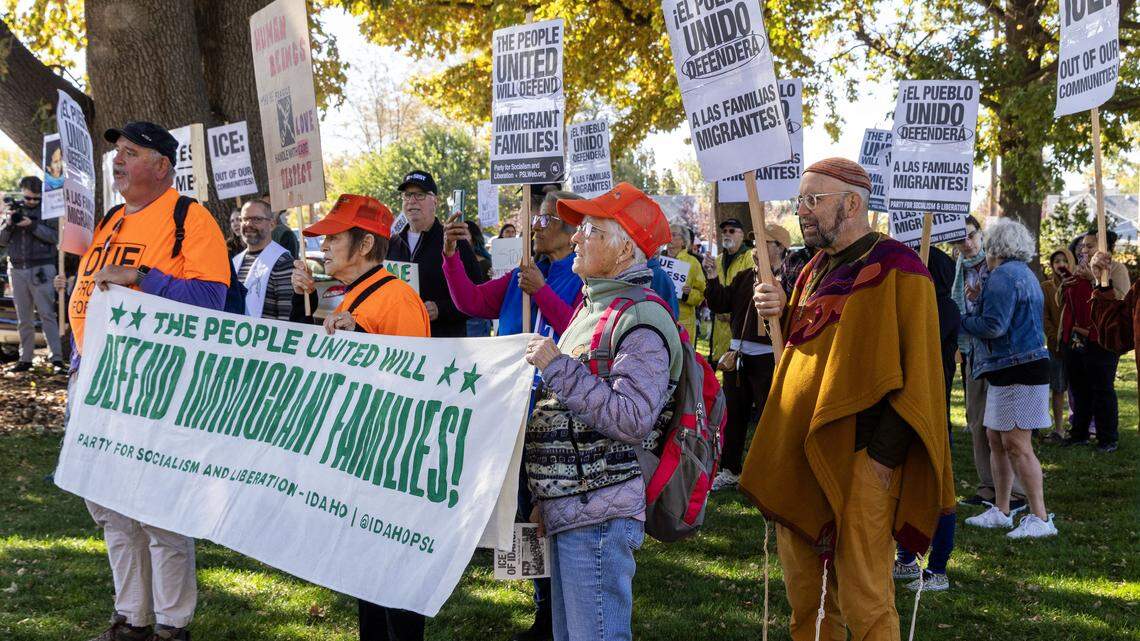 Protesters gather in Caldwell on Monday to protest an FBI and ICE raid in Wilder on Sunday, Oct. 19, 2025. Over 100 people carrying posters decrying ICE and President Donald Trump’s immigration policies gathered in Justice Park across the Canyon County Administration Building, where FBI and Idaho law enforcement agencies had planned a news conference that was later cancelled.