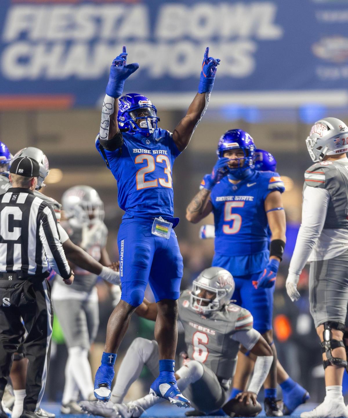 Boise State nickel Seyi Oladipo celebrates sacking UNLV quarterback Hajj-Malik Williams in the Broncos’ 21-7 victory over UNLV in the Mountain West championship game Friday at Albertsons Stadium.
