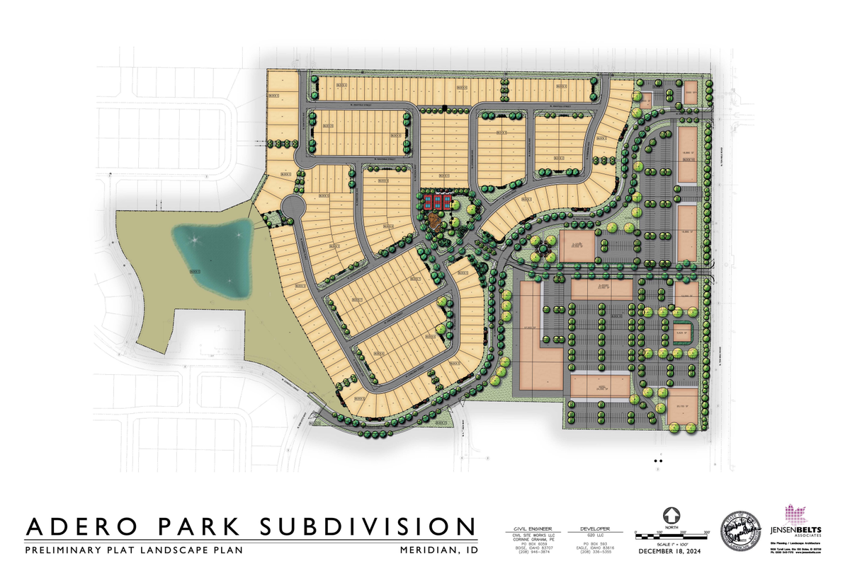 Plans for Adero include a residential component in the northwest, a road running diagonally across the development and a commercial component to the southeast along Ten Mile Road. A 10.2-acre park with an irrigation pond to the west, pictured in green, would be turned over to the neighboring subdivision’s HOA.