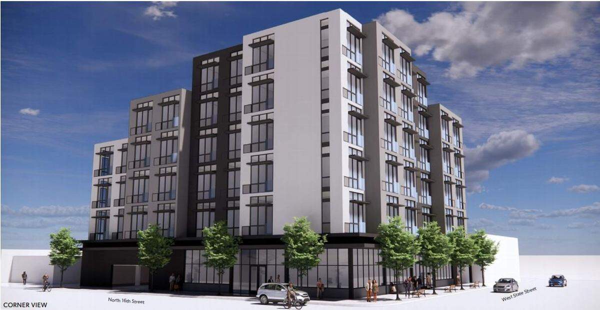 A rendering of the proposed seven-story apartment building at 16th and State streets in Boise.