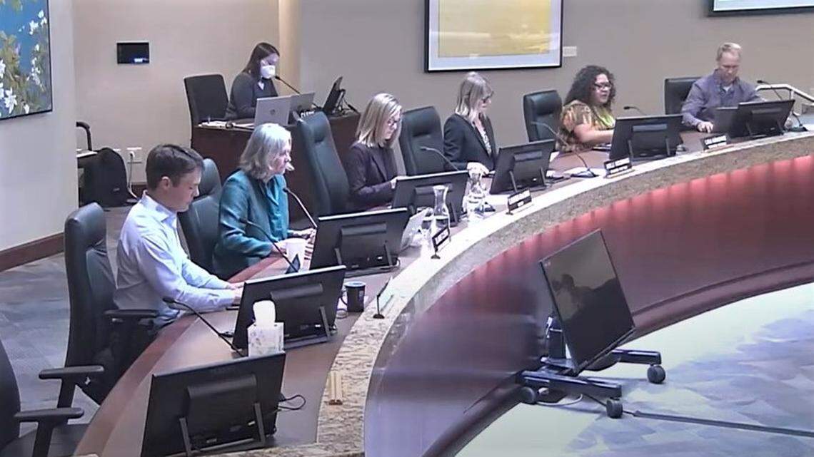 The Boise City Council will be elected by geographic districts in future elections. From left are members Patrick Bageant and Elaine Clegg, Mayor Lauren McLean, and members Holli Woodings, Lisa Sánchez and Jimmy Hallyburton. Bageant, Sánchez and Hallyburton live in the North End in what will be District 6, so they would run against each other if they decide to run for re-election. Clegg and Woodings live in what will be District 5, so they could face each other too.
