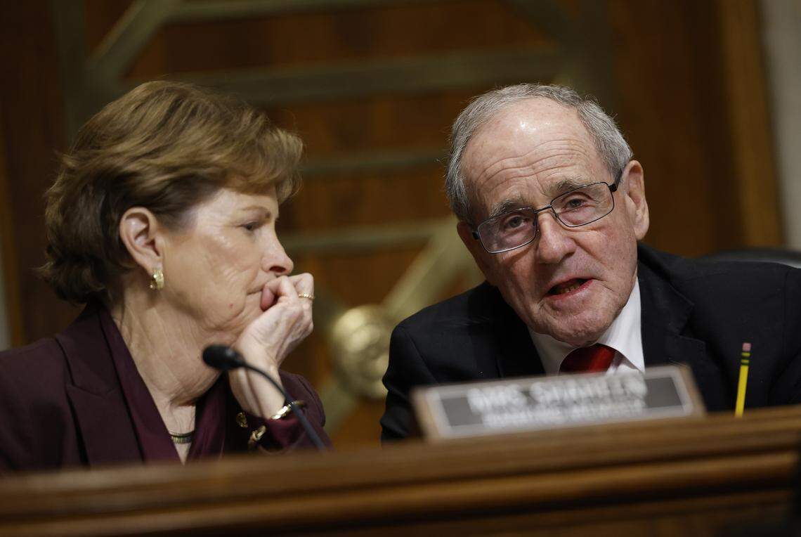 U.S. Sen. Jim Risch, R-Idaho, right, chairman of the Senate Foreign Relations Committee, and Ranking Member Sen. Jeanne Shaheen, D-New Hampshire, talk during a hearing in January 2025. Shaheen has advocated against U.S. annexation of Greenland, while Risch has been silent on the issue.