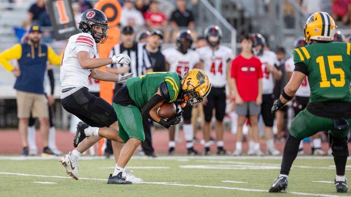 Borah cornerback Ryan Lopez grabs an interception in the first half of the Lions’ game against Boise.