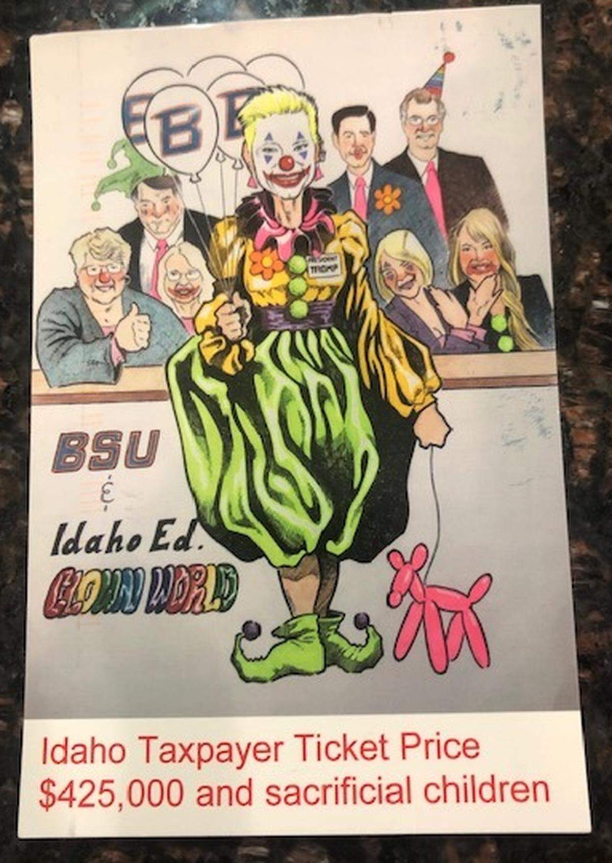 Sen. Cherie Buckner-Webb, (D-Boise), received this postcard Monday morning depicting Idaho education officials and Boise State president Marlene Tromp.