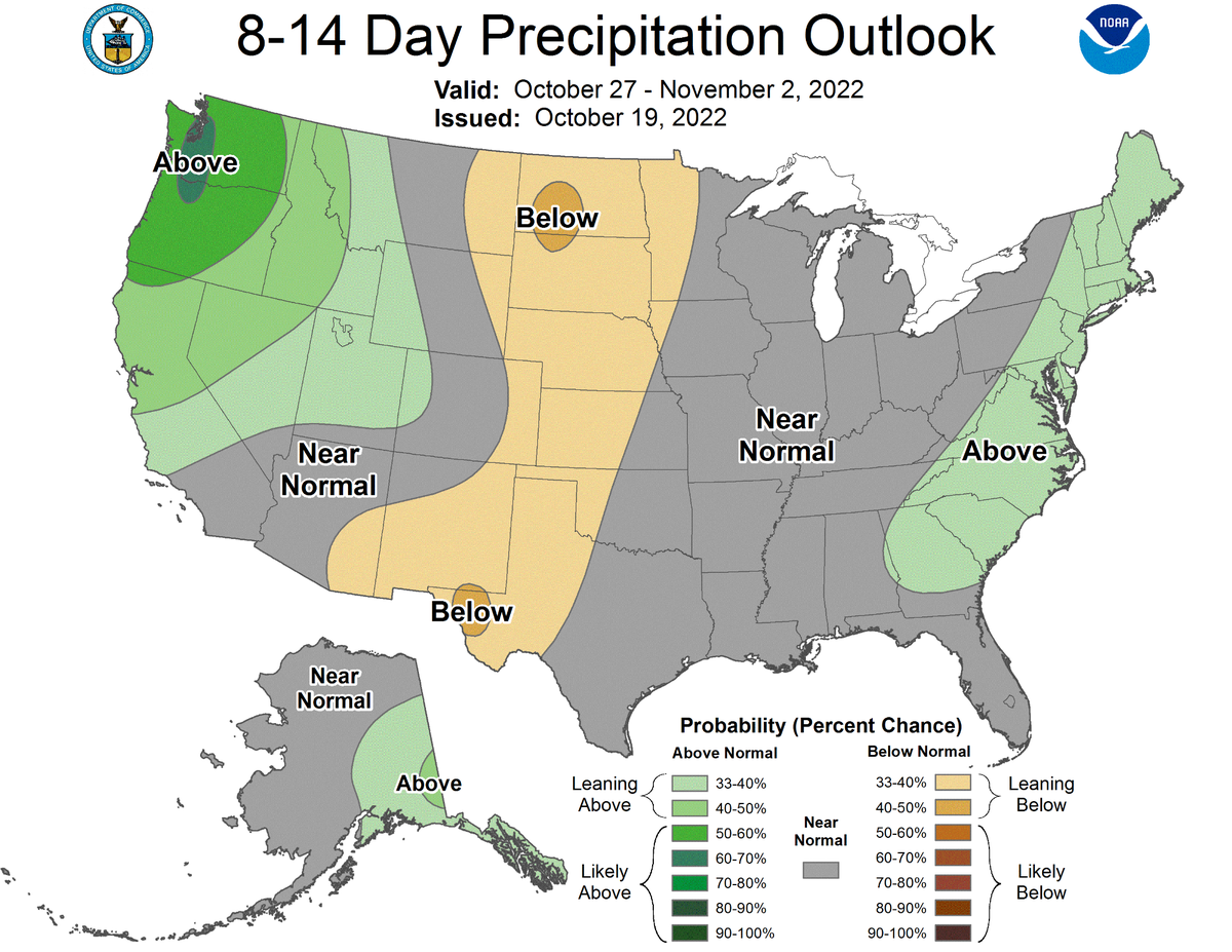 Puget Sound, including Olympia, is forecast to have an 80-90% above average chance of rain on Halloween weekend.