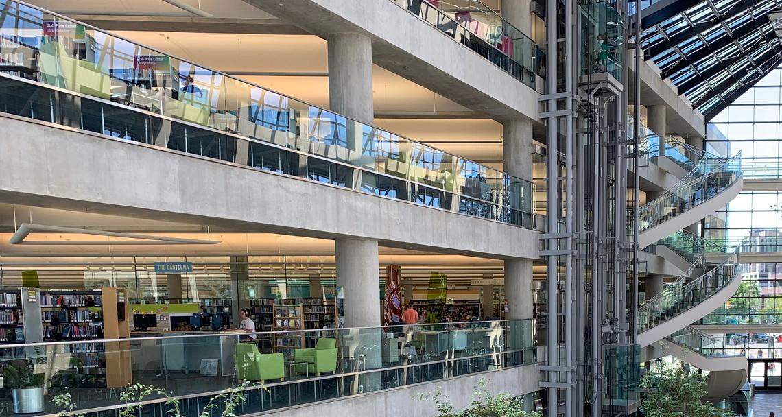 A view of the library space from a walkway above one of the entrances to the Salt Lake City Public Library. Salt Lake City’s main library was designed by Moshe Safdie, the same architect hired to design Boise’s proposed new main library, and the two designs have similarities.