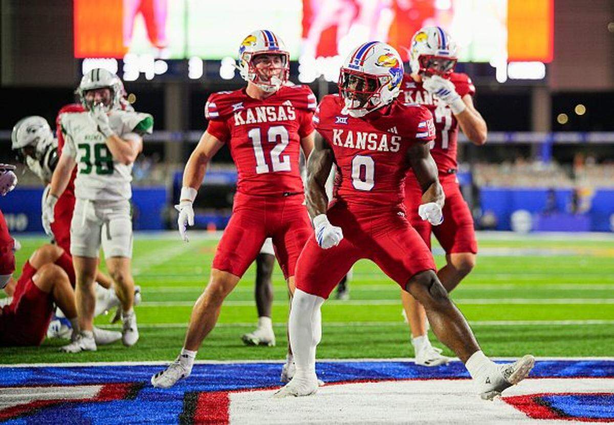 LAWRENCE, KANSAS - AUGUST 29: Harry Stewart III #0 of the Kansas Jayhawks celebrates after scoring a touchdown during the second half against the Wagner Seahawks at David Booth Kansas Memorial Stadium on August 29, 2025 in Lawrence, Kansas. (Photo by Jay Biggerstaff/Getty Images)