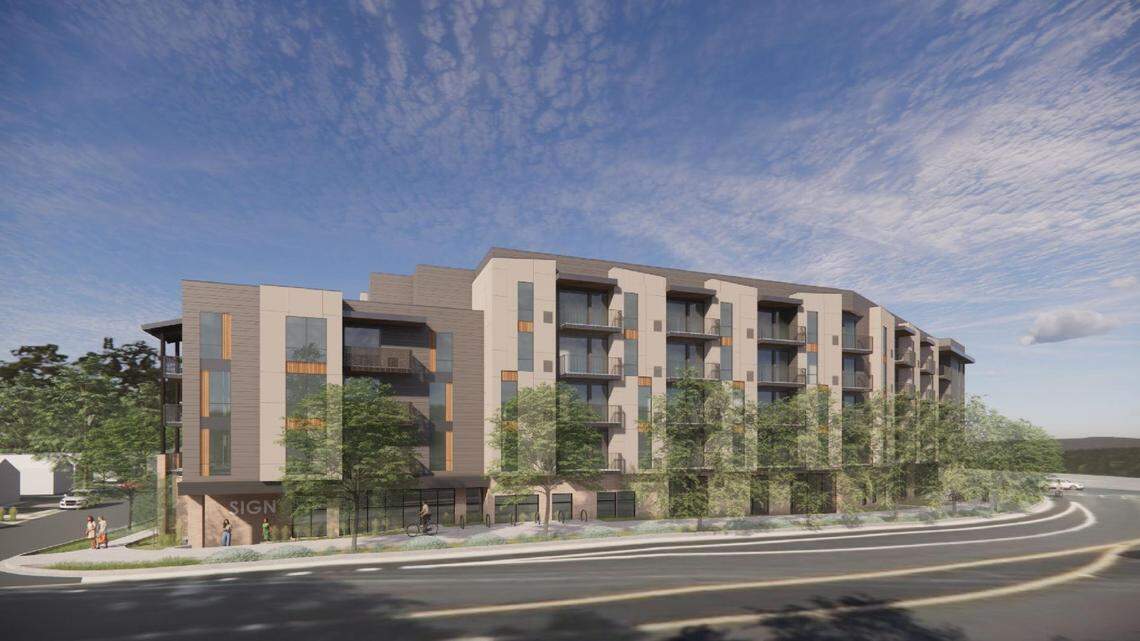 This architect’s rendering shows the building from the southwest corner of Kootenai and Pico streets.