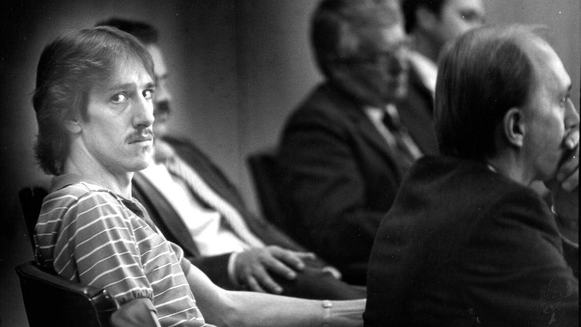 Richard Leavitt, left, age 26, in a Bingham County courtroom during his 1985 trial for the killing of Danette Elg in Blackfoot, Idaho. He was found guilty and later executed in June 2012.