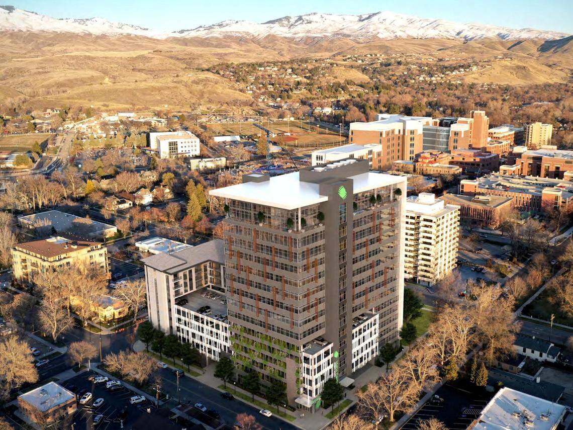 An artist’s rendering of the building proposed by Ball Ventures Ahlquist and Idaho Central Credit Union at 200 N. 4th St. The “mixed use” building would have housing, offices, retail and parking. This view looks to the northeast and the Foothills. Fourth Street is lower left, Idaho Street lower right, obscured by trees.