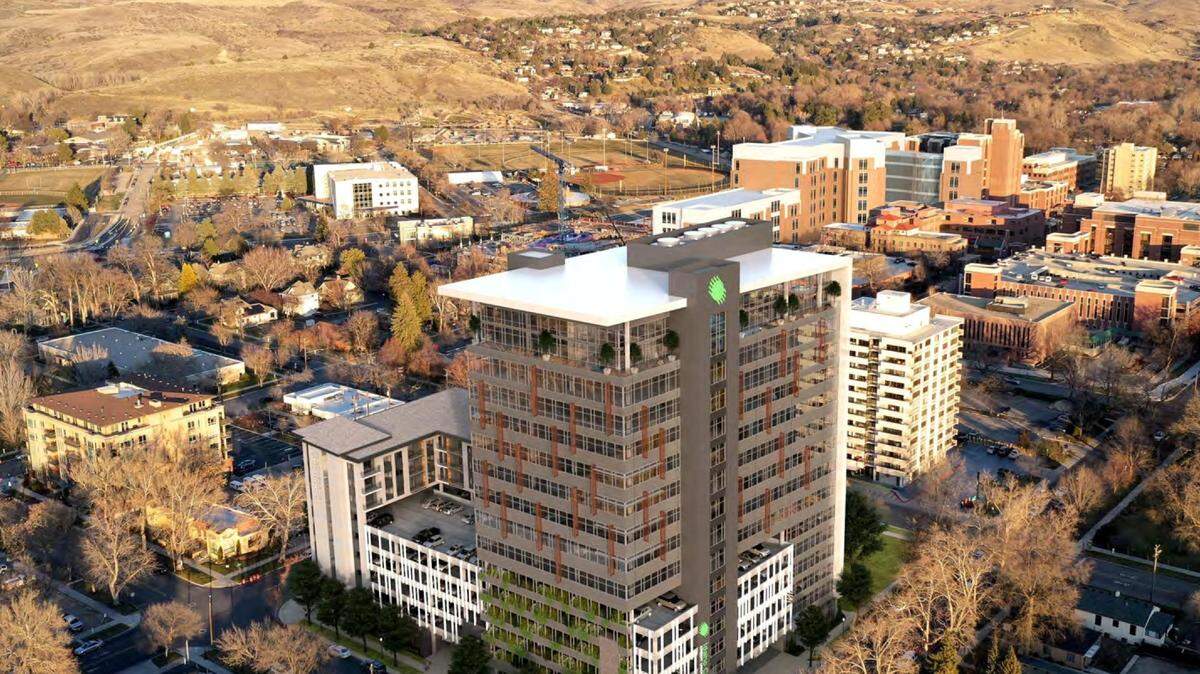 An artist’s rendering of the building proposed by Ball Ventures Ahlquist and Idaho Central Credit Union at 200 N. 4th St. The “mixed use” building would have housing, offices, retail and parking. This view looks to the northeast and the Foothills. Fourth Street is lower left, Idaho Street lower right, obscured by trees.