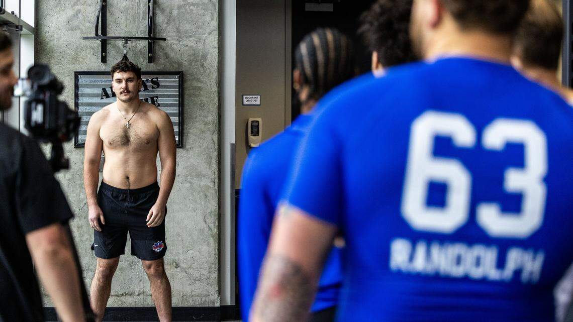Former Boise State tight end Matt Lauter is video taped, measured and weighted as a line of athletes wait their turn at Pro Day at the Caven-Williams Sports Complex in Boise, Tuesday, March 24, 2026.