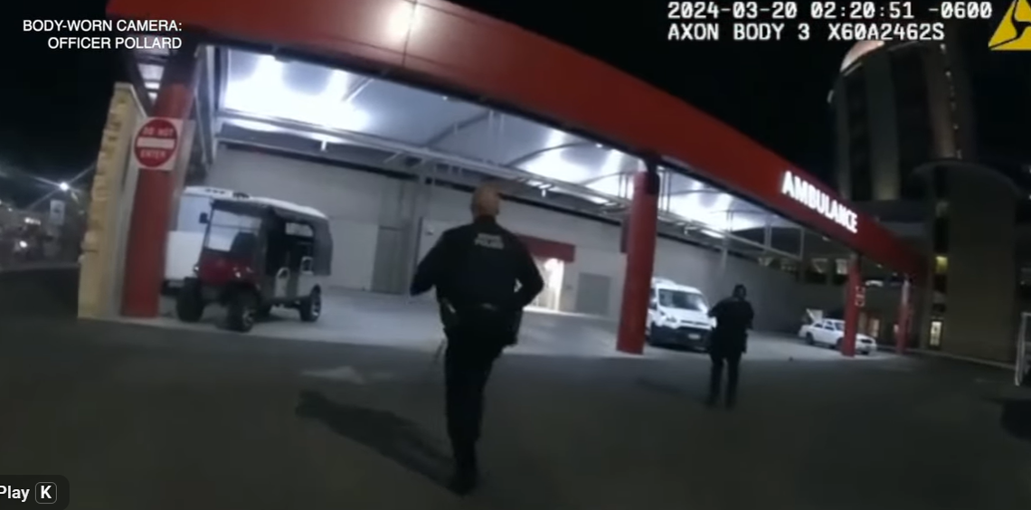 An image from Boise Police Officer Ryan Pollard’s body camera shows Officer Wayne Anderson, front right, and Officer Jacob Lee as they approach a door at Saint Alphonsus Regional Medical Center. Anderson eventually fired two shots that led to injuries for an Idaho Department of Correction officer.