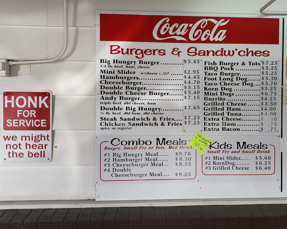 There’s no order window or phones to place orders at the Hungy Onion. Customers are asked to honk their horns to let the staff know they’re ready.