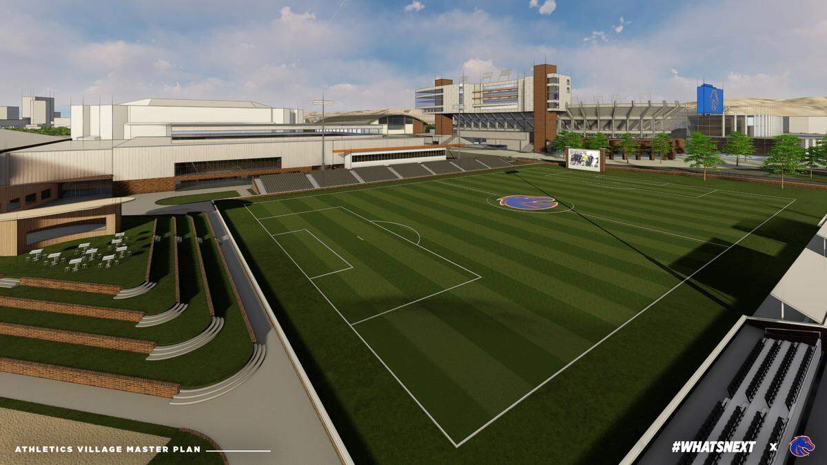 A rendering of the proposed soccer stadium Boise State may install where the football team’s practice field currently sits.