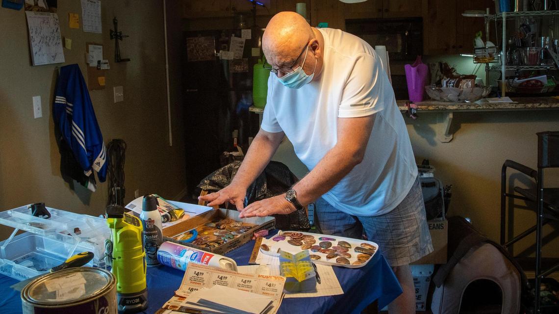 Besides his three cats, Chuck Bunch has craft projects that he sells online. Bunch’s crafts supplement his income, although that has fallen off during the coronavirus pandemic.