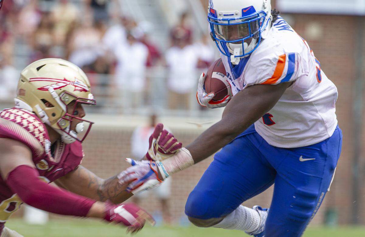 Boise State running back Robert Mahone was injured in the first half of the Broncos’ loss to BYU on Oct. 19. Boise State football coach Bryan Harsin said on Monday that the injury is not season ending.