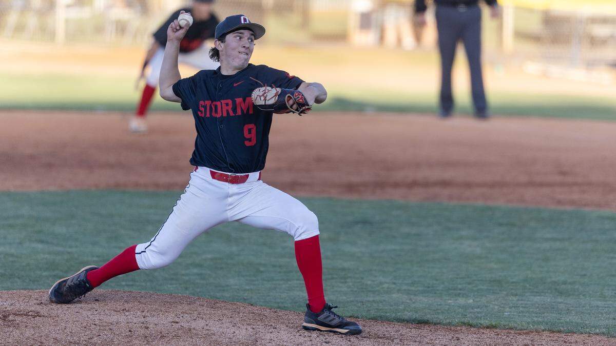 Owyhee junior Christian Zannitto pitches in the fifth inning of their game against Middleton in the first round of the 6A baseball state tournament, Thursday, May 14, 2026 at Memorial Stadium in Garden City. Owyhee won 5-3.